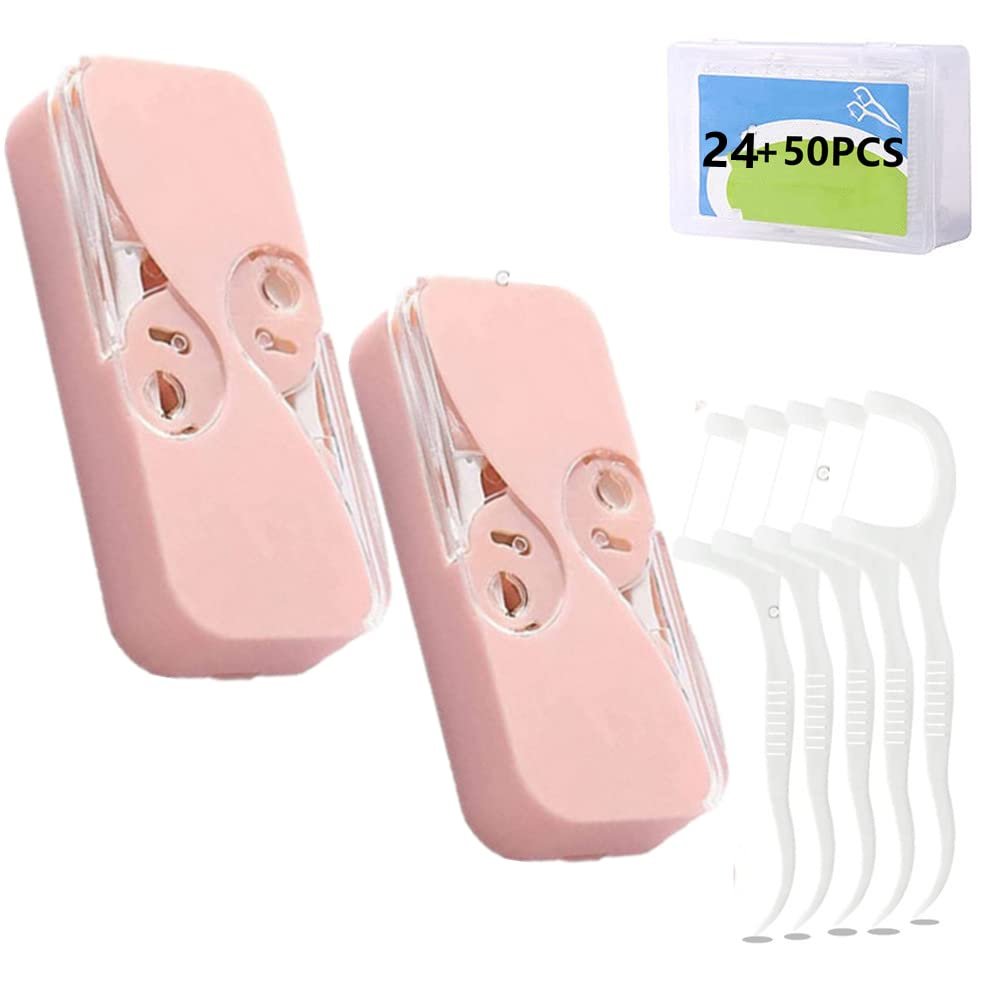 [4Pack] Floss Pick Dispenser Portable Floss Holder, Floss Picks Cases Automatic Floss Storage Organizer Travel Floss Threaders for Women Men Teeth Cleaning (2Pcs, Pink)