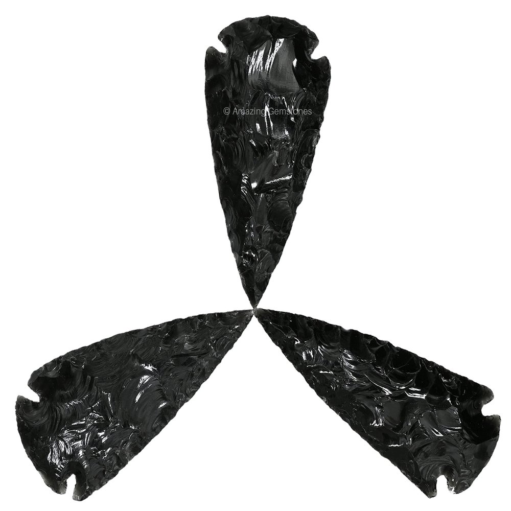 Amazing Gemstone 3 Pieces Black Obsidian Arrowhead, Crystal and Healing Stone Flint Rock Arrow Head - 2 to 3 Arrowheads for DIY Project Craft Point Jewelry Making