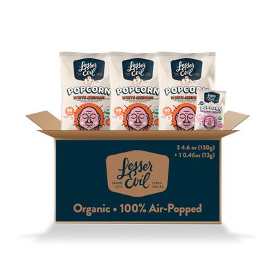LesserEvil White Cheddar Flavor and Himalayan Pink Salt Organic Popcorn, Amazon Exclusive, Premium Quality, Minimally Processed, (3) 4.6oz White Cheddar Flavor Bags and (1) 50 Cal Himalayan Pink Salt Bag