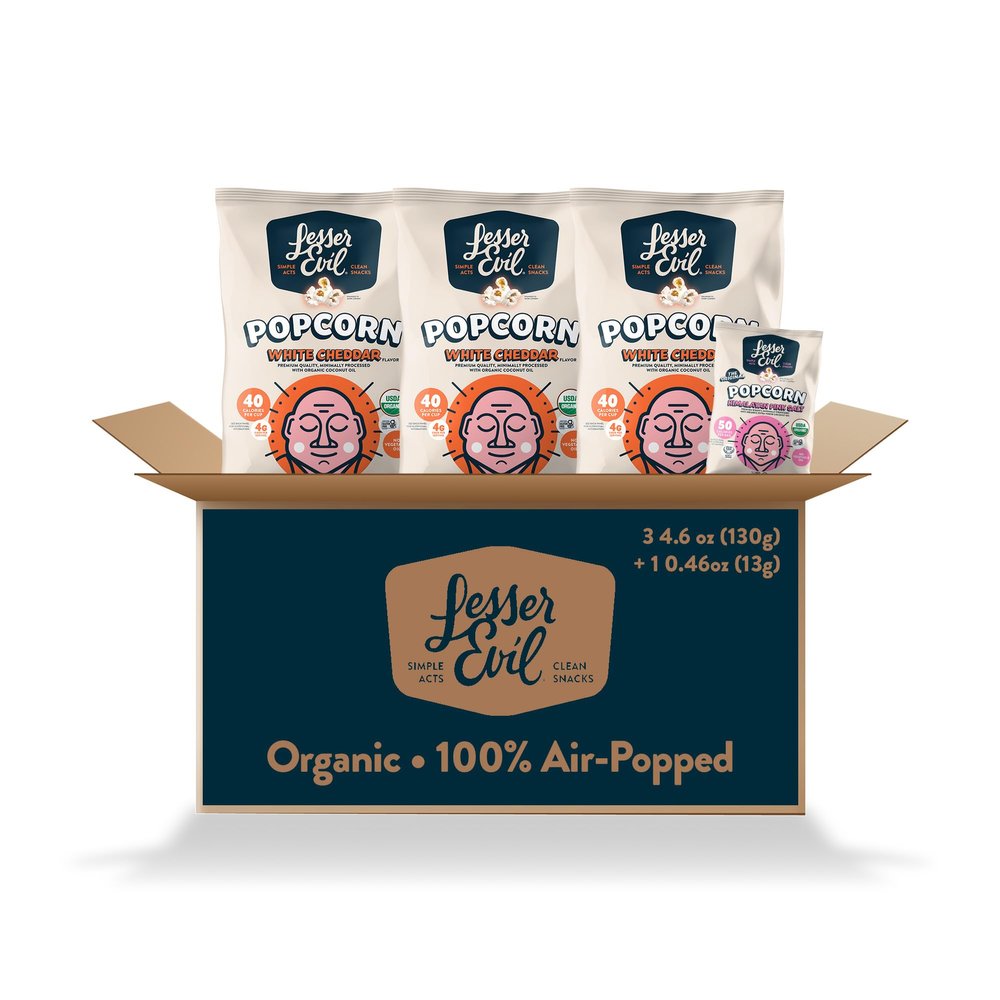 LesserEvil White Cheddar Flavor and Himalayan Pink Salt Organic Popcorn, Amazon Exclusive, Premium Quality, Minimally Processed, (3) 4.6oz White Cheddar Flavor Bags and (1) 50 Cal Himalayan Pink Salt Bag