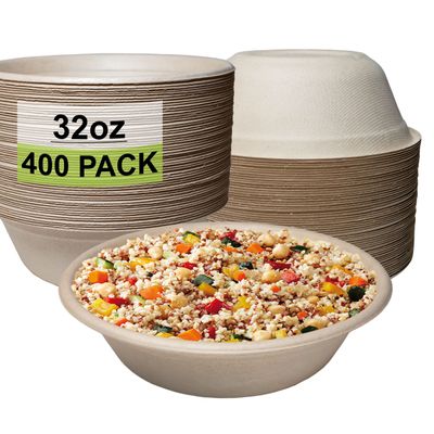 [400 Pack] 32 oz Round Disposable Compostable Paper Bowls Heavy-Duty, Eco-Friendly Natural Bagasse Unbleached, Heat Resistant, 100% Biodegradable Salad Bowls Alternative to Plastic