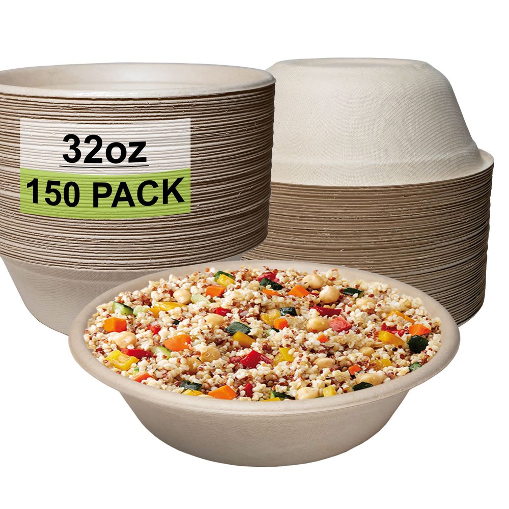 [150 Pack] 32 oz Round Disposable Compostable Paper Bowls Heavy-Duty, Eco-Friendly Natural Bagasse Unbleached, Heat Resistant, 100% Biodegradable Salad Bowls Alternative to Plastic