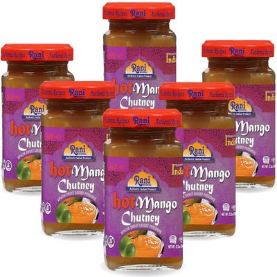 Rani Hot Mango Chutney (Spicy Indian Preserve) 12.5oz (350g) Glass Jar, Ready to eat, Vegan, Pack of 5+1 FREE ~ Gluten Free, All Natural, NON-GMO