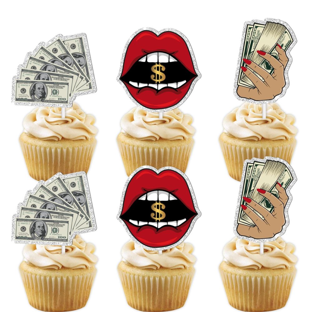 18pcs Glitter Dollar Dessert Cupcake Topper Jackpot Gamble Theme Decorations Men Woman Happy Birthday Las Vegas Nigh Party Decor Supplies