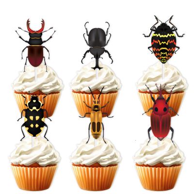 18pcs Glitter Beetle Dessert Cupcake Topper Reptile Insect Theme Decorations Baby Shower Boys Girls Happy Birthday Party Decor Supplies