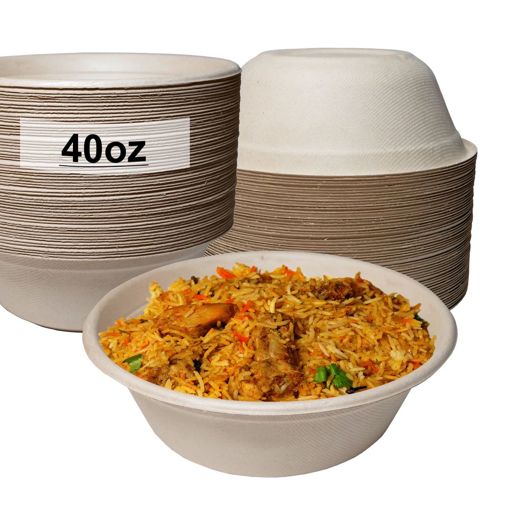 EcoQuality [300 Pack] 40 oz Round Disposable Compostable Paper Bowls Heavy-Duty, Eco-Friendly Natural Bagasse Unbleached, Heat Resistant, 100% Biodegradable Salad Bowls Alternative to Plastic