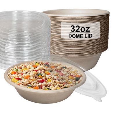 [500 Pack] 32 oz Round Disposable Compostable Paper Bowls with Dome Lids Heavy-Duty, Eco-Friendly Natural Bagasse Unbleached, Heat Resistant, 100% Biodegradable Salad Bowls Alternative to Plastic