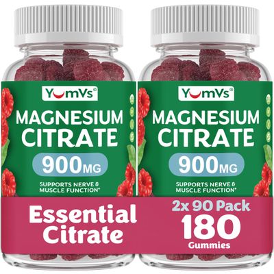 YUM-V'S Magnesium Citrate Gummies  900mg Highly Absorbable Magnesium Gummies for Women & Men to Support Nerve, Muscle & Enzyme Function  Gluten-Free, Kosher & Raspberry Flavor 90 Count (Pack of 2)