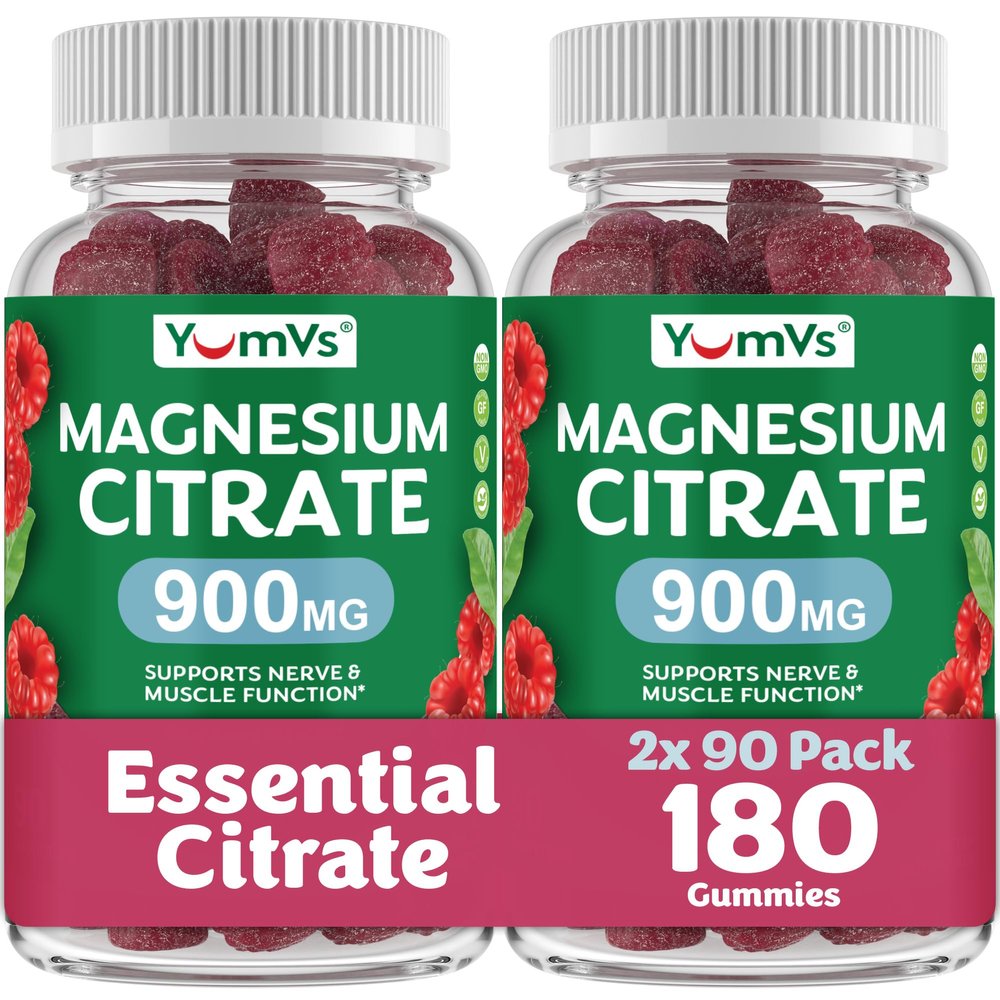 YUM-V'S Magnesium Citrate Gummies 900mg Highly Absorbable Magnesium Gummies for Women & Men to Support Nerve, Muscle & Enzyme Function Gluten-Free, Kosher & Raspberry Flavor 90 Count (Pack of 2)