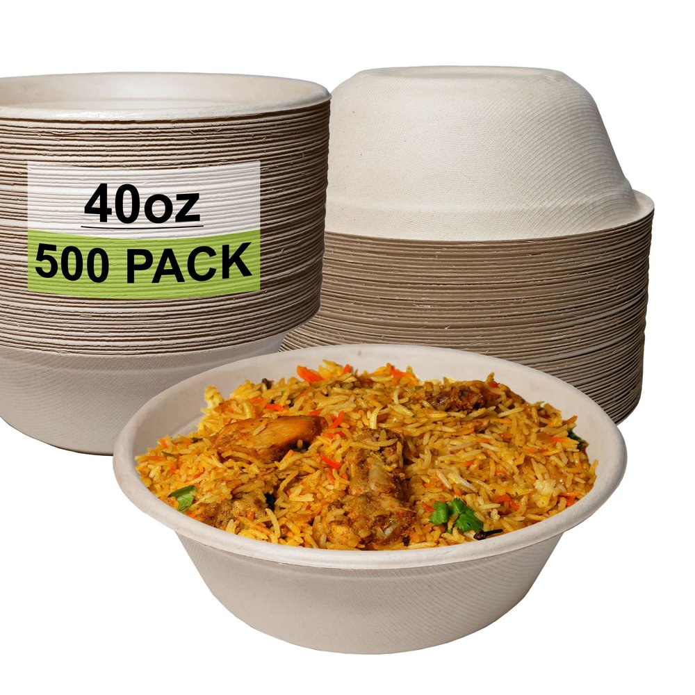 [500 Pack] 40 oz Round Disposable Compostable Paper Bowls Heavy-Duty, Eco-Friendly Natural Bagasse Unbleached, Heat Resistant, 100% Biodegradable Salad Bowls Alternative to Plastic