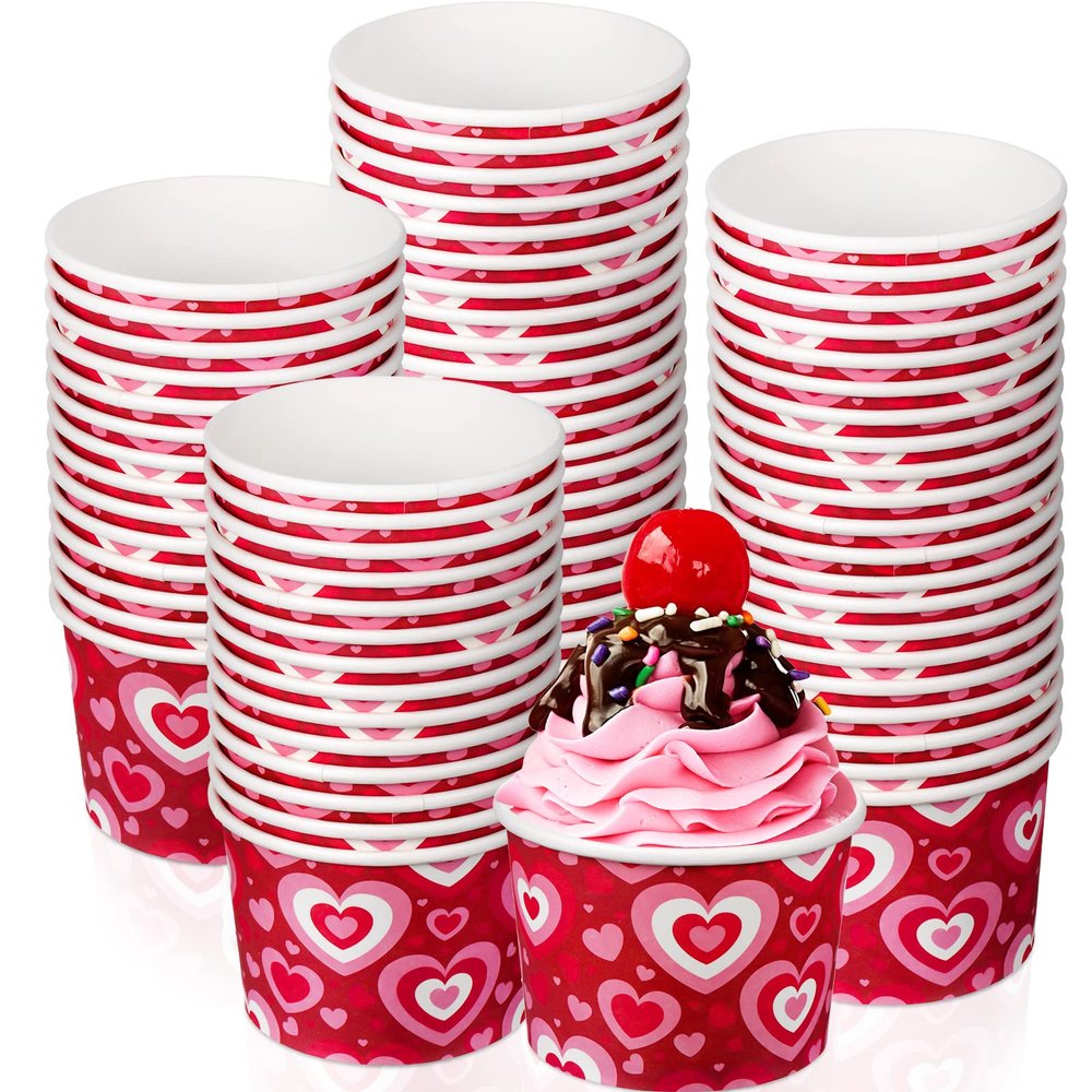 Zopeal 100 Pcs 9 oz Valentine's Day Ice Cream Cups Bulk Red Pink Heart Disposable Dessert Treat Bowls Paper Soup Bowls Valentine's Day Paper Snack Cups for Hot Cold Food Party Snack Cupcakes Supplies