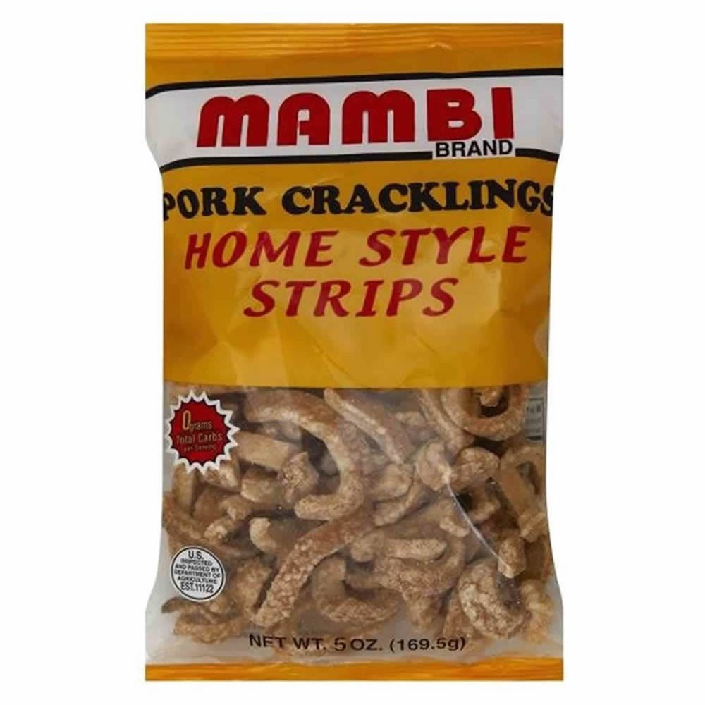 Mambi Pork Cracklings, Home Style Strips, 5 oz Bag / Chicharrones estilo tiritas (6 pack)