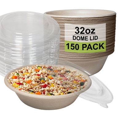 [150 Pack] 32 oz Round Disposable Compostable Paper Bowls with Dome Lids Heavy-Duty, Eco-Friendly Natural Bagasse Unbleached, Heat Resistant, 100% Biodegradable Salad Bowls Alternative to Plastic