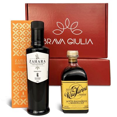 Brava Giulia Gift Box  Sicilian Cold Pressed Extra Virgin Olive Oil and Aged Balsamic Vinegar of Modena  Imported from Italy  2 Bottle Set (8.45 fl oz Each)