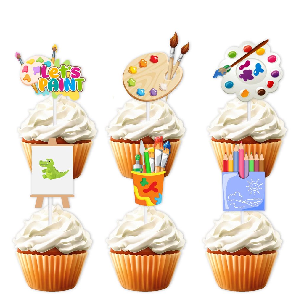 18pcs Glitter Paint Brush Dessert Cupcake Topper Painting Graffiti Artist Theme Decorations Boys Girls Happy Birthday Party Decor Supplies