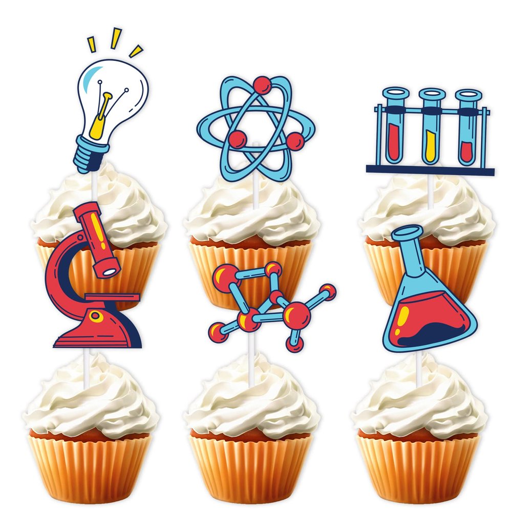 18pcs Glitter Dessert Cupcake Topper Chemistry Organism Experiment Theme Boys Girls Happy Birthday Party Decorations Supplies