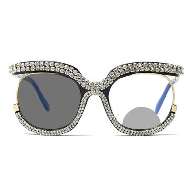 Oversized Transition Photochromic Bifocal Reading Glasses Women Bing Rhinestones Presbyopia Hyperopia Bifocal Sunglasses (black, 2.75, multiplier_x)