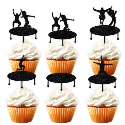 18pcs Black Glitter Jump Dessert Cupcake Topper Cheer to Graduation Trampoline Theme Decor Supplies Senior High School College Graduation Congrats Party Happy Birthday Decorations
