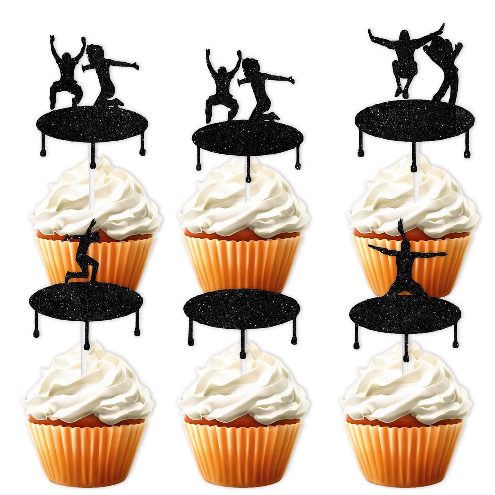 18pcs Black Glitter Jump Dessert Cupcake Topper Cheer to Graduation Trampoline Theme Decor Supplies Senior High School College Graduation Congrats Party Happy Birthday Decorations