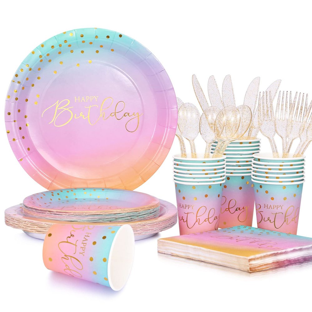 Cheery Land Pastel Birthday Decorations: Rainbow Girls Party Plates, Cups, Napkins & Cutlery Sets for 25 Guests