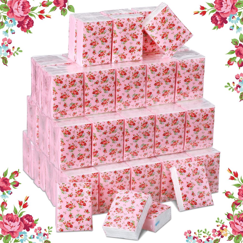 100 Packs Tissue Packs Floral Travel Tissues Packs Pocket Facial Tissues Soft Mini Small Tissues Travel Size Bulk 3 Ply Tissue Packs for Wedding Holiday Spring Picnic Party, 7 Sheets Each Pack