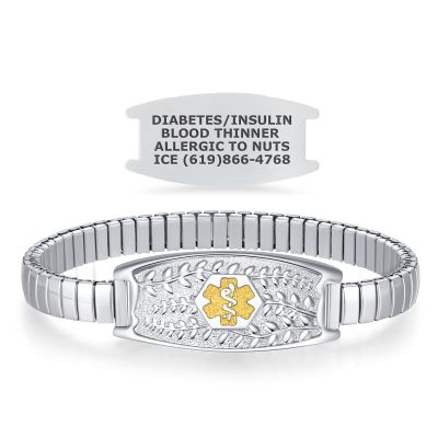 Divoti Olive Stretch Medical Alert Bracelet Custom Engraved Stainless Steel ID Tag Hypoallergenic, No Clasp, Slip-On Style Fits 6.57.5" Wrists Stylish & Comfortable - SS / 2-Tone Gold and SS