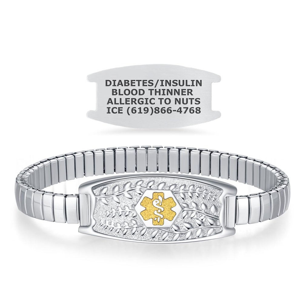 Divoti Olive Stretch Medical Alert Bracelet Custom Engraved Stainless Steel ID Tag Hypoallergenic, No Clasp, Slip-On Style Fits 6.57.5" Wrists Stylish & Comfortable - SS / 2-Tone Gold and SS