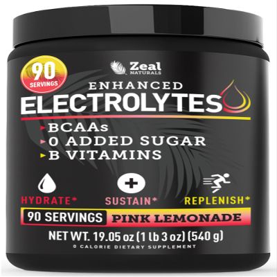Zeal Electrolyte Powder - 90 Servings | Keto Electrolytes Powder | Zero Sugar, BCAAs, B-Vitamins | Potassium, Zinc, Magnesium | Hydration Powder Recovery Drink | Pink Lemonade