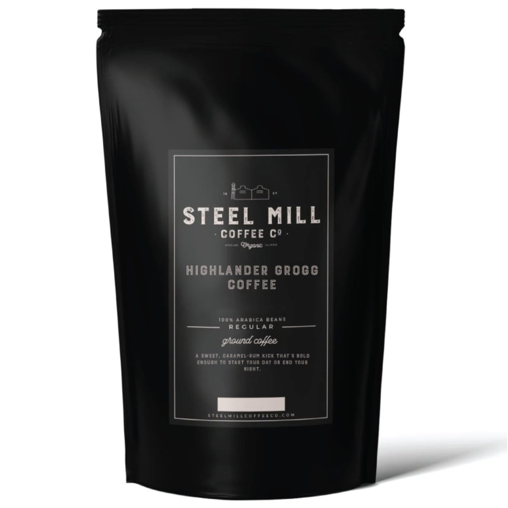 Steel Mill Coffee Co. Highlander Grogg Flavored Coffee  Ground, Medium Roast, 100% Colombian Arabica, Butterscotch Caramel Aroma, Vegan, Gluten-Free, Sugar-Free  12 oz