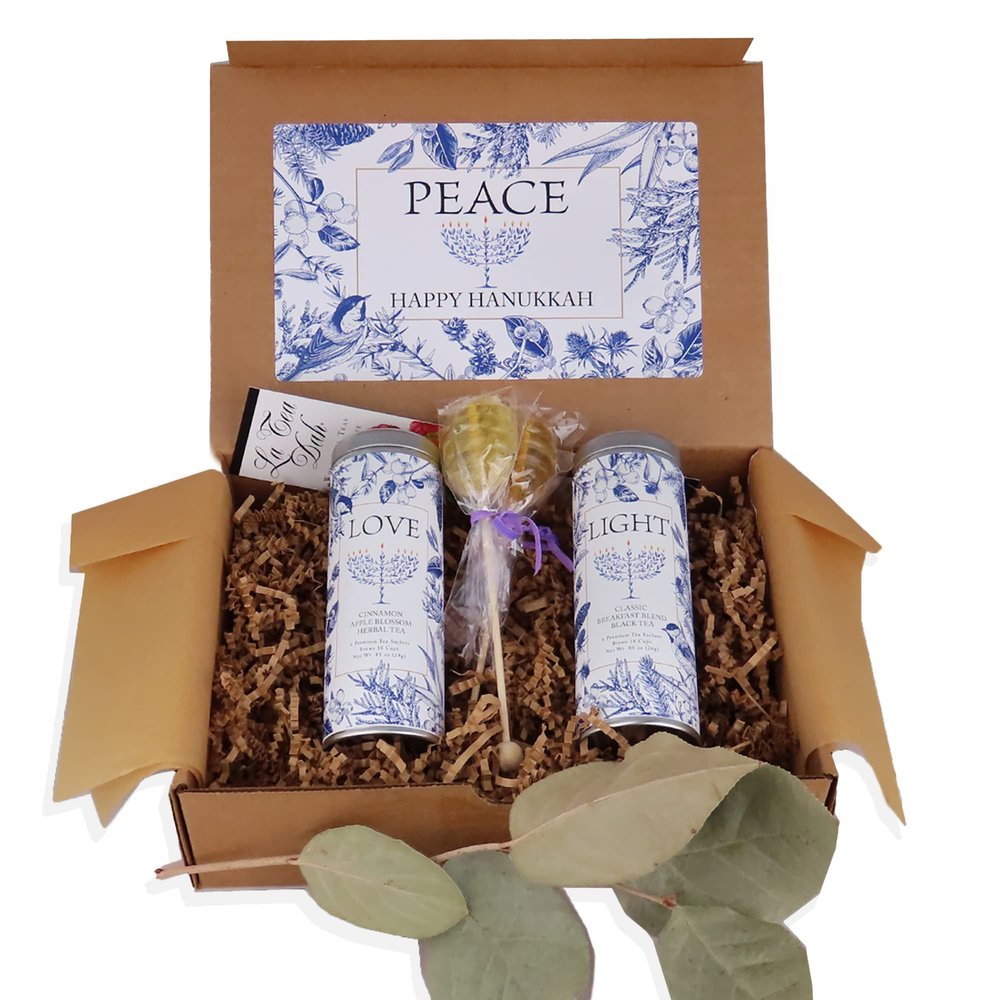 Hanukkah Tea Gift Set, Two Tins of Fancy Tea in Festive Love & Light Packaging, Hanukkah Gifts for Women and Men, Chanuka Holiday Tea Sampler