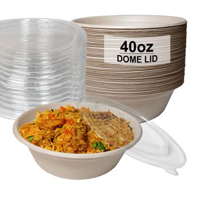 [150 Pack] 40 oz Round Disposable Compostable Paper Bowls with Dome Lids Heavy-Duty, Eco-Friendly Natural Bagasse Unbleached, Heat Resistant, 100% Biodegradable Salad Bowls Alternative to Plastic