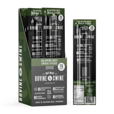 Bovine & Swine All-Natural Gourmet Craft Beef Snack Sticks | 10 Packs of 2 | Wyoming Jerky Sticks, High Protein, Individually Wrapped | Camping & Hiking Snacks | Clean Ingredients | Jalapeo Beef