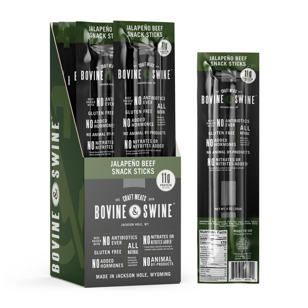 Bovine & Swine All-Natural Gourmet Craft Beef Snack Sticks | 10 Packs of 2 | Wyoming Jerky Sticks, High Protein, Individually Wrapped | Camping & Hiking Snacks | Clean Ingredients | Jalapeo Beef