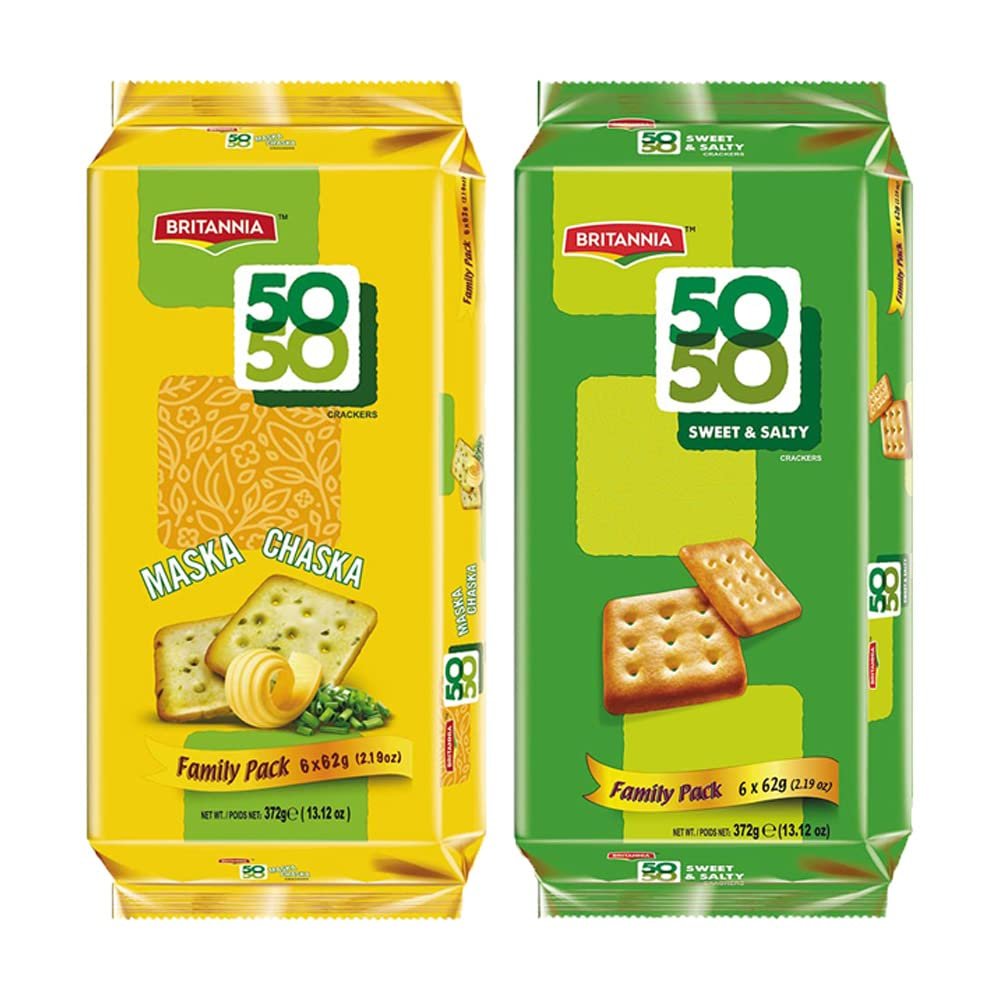 BRITANNIA Crackers 50 50 Maska Chaska & Sweet and Salty Biscuit 13.12oz (372g) - Delicious, Light & Crispy Cookies Combo Pack 1 Each (Pack of 2)