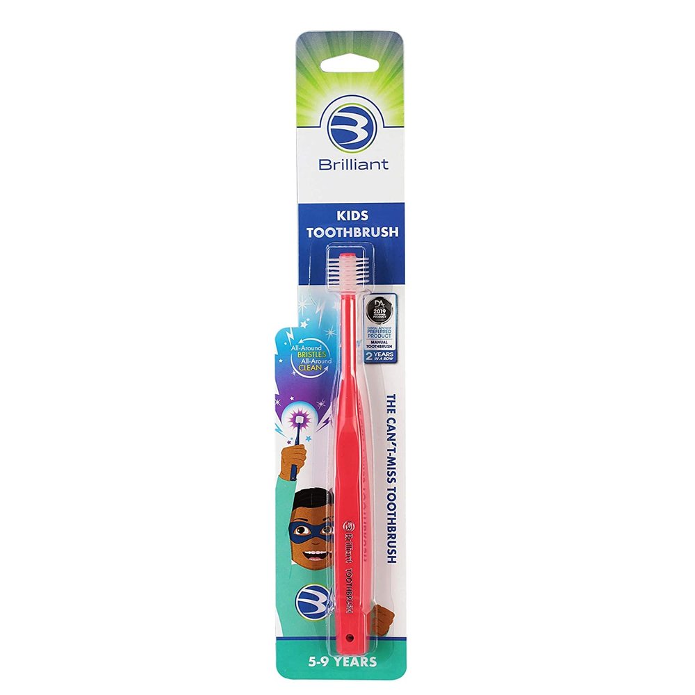 Brilliant Kids Toothbrush Patented Round Design for Easy and Effective Brushing - Two Time Dental Advisor Manual Toothbrush of The Year, 24 Pack, Red
