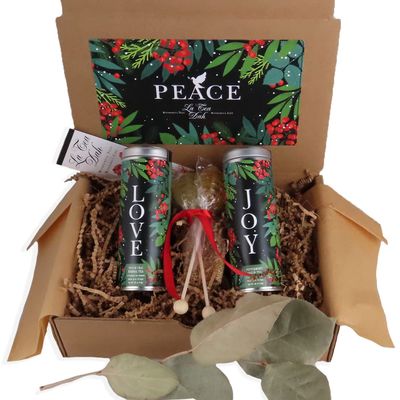 Peace, Love, and Joy Christmas Tea Gift Box, 1 Tin of Peppermint Green Tea, 1 Tin of Decaf Chai Tea, and 2 Honey Stirrers, Premium Pyramid Tea Bags, Holiday Gift Set for Tea Lovers