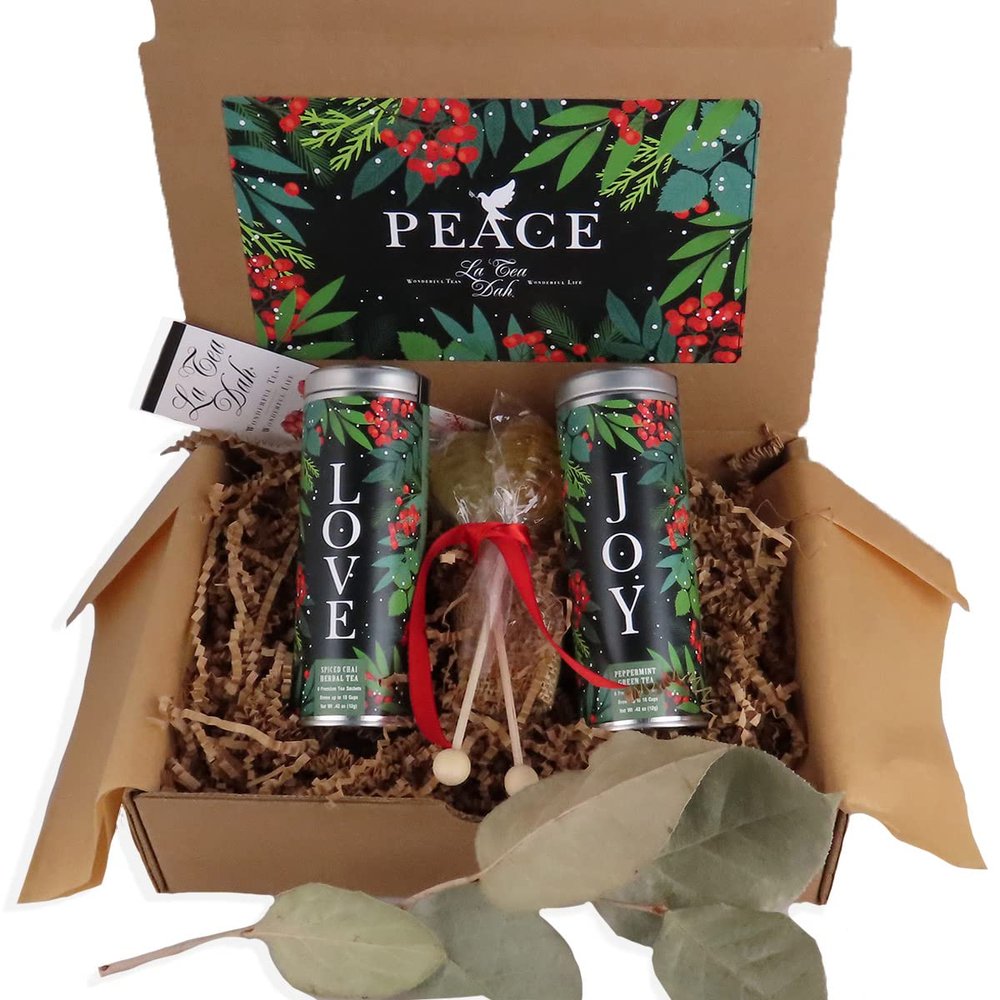 Peace, Love, and Joy Christmas Tea Gift Box, 1 Tin of Peppermint Green Tea, 1 Tin of Decaf Chai Tea, and 2 Honey Stirrers, Premium Pyramid Tea Bags, Holiday Gift Set for Tea Lovers