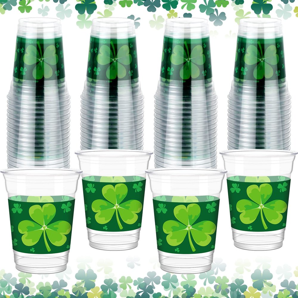 100 Pcs 12 oz Happy St Patrick's Day Shamrock Cups St Patty's Day Disposable Clear Plastic Cups Lucky St Patrick's Day Cup for Holiday Birthday Party Supplies Beer Beverage Snacks(Novel Style)