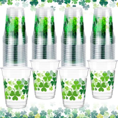 100 Pcs 12 oz Happy St Patrick's Day Shamrock Cups St Patty's Day Disposable Clear Plastic Cups Lucky St Patrick's Day Cup for Holiday Birthday Party Supplies Beer Beverage Snacks(Classic Style)