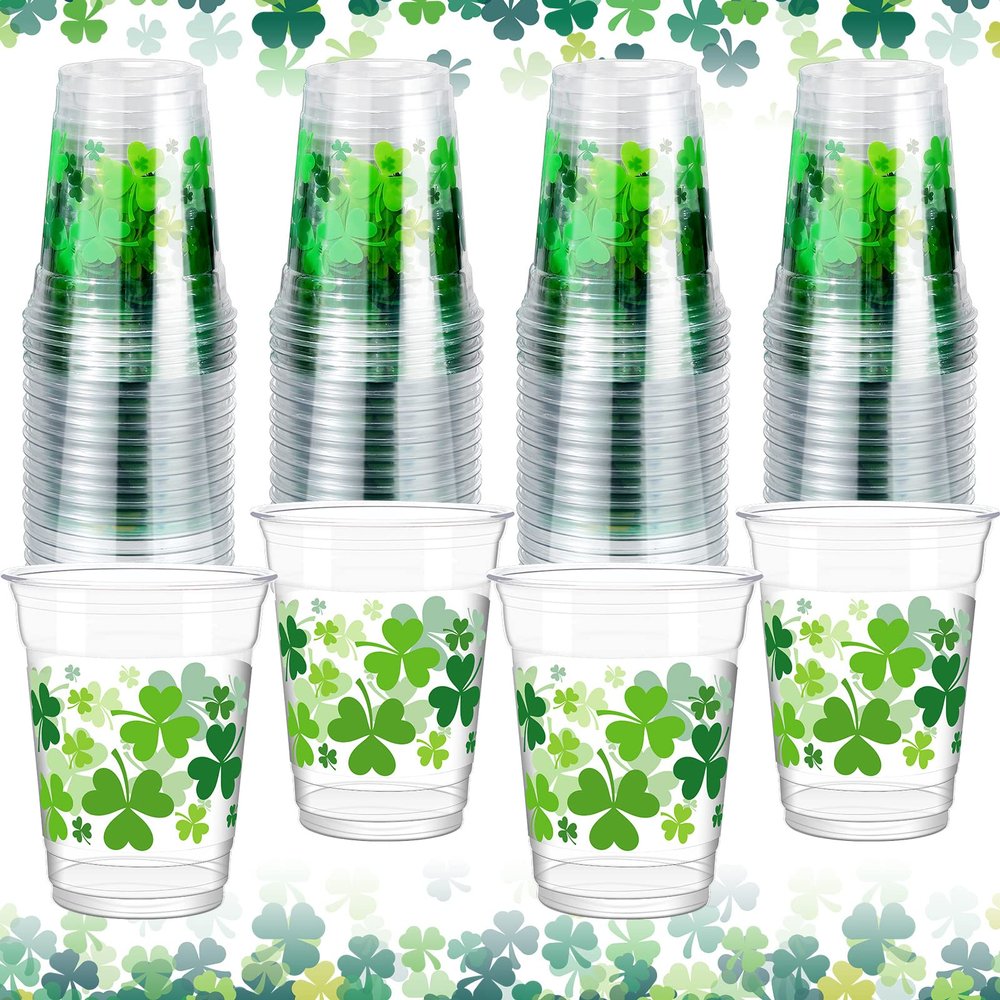 100 Pcs 12 oz Happy St Patrick's Day Shamrock Cups St Patty's Day Disposable Clear Plastic Cups Lucky St Patrick's Day Cup for Holiday Birthday Party Supplies Beer Beverage Snacks(Classic Style)