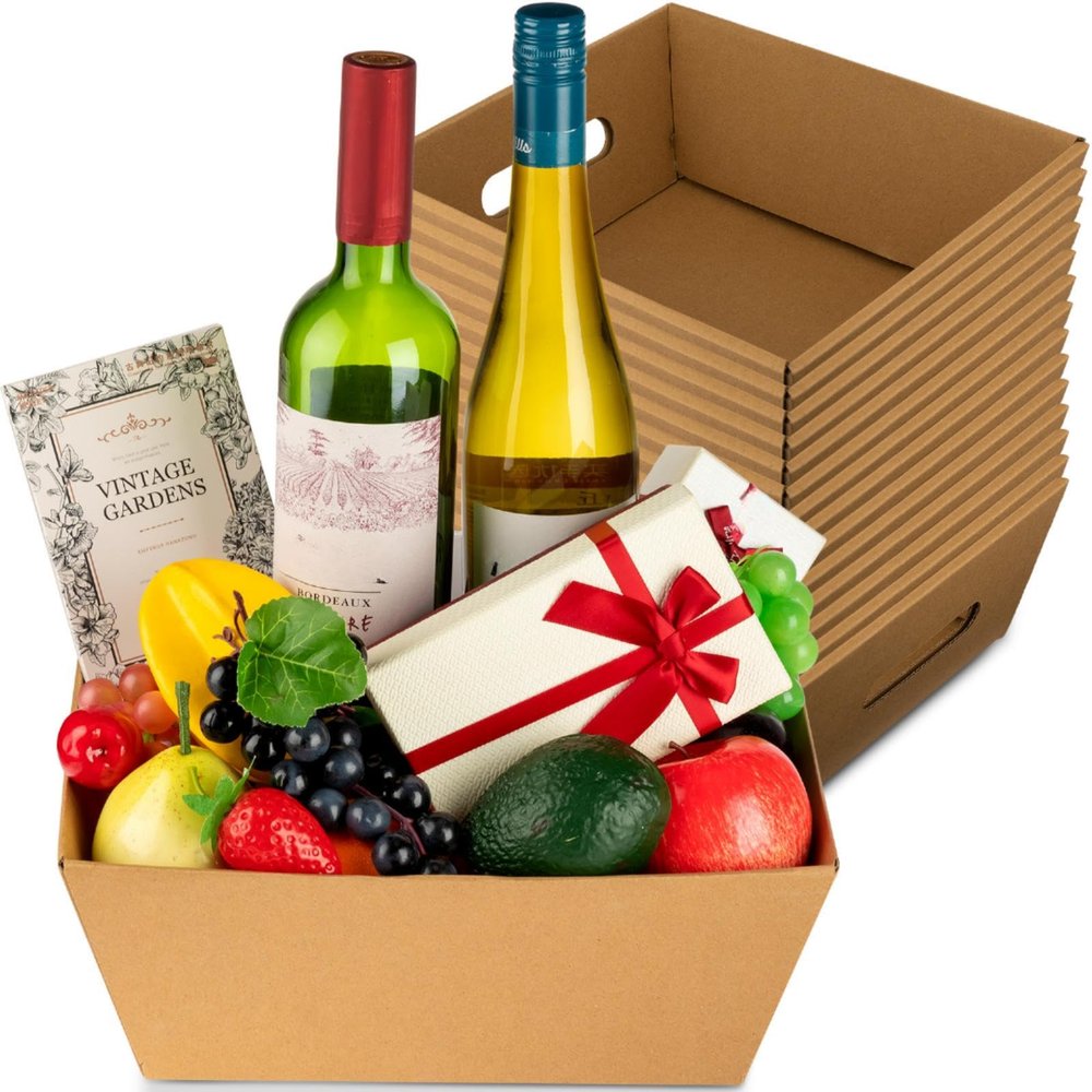 Fainne 16 Pcs Extra Large Empty Baskets for Gifts Bulk 12x10 Inch Kraft Cardboard Gifts Baskets Trays with Handles for Christmas Birthday Thanksgiving Valentines Wedding Holiday Party Supplies