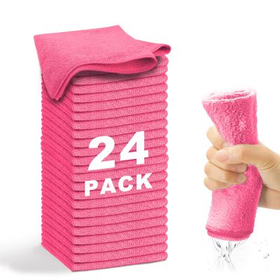 WEAWE Microfiber Cleaning Cloth-24Pcs (13x13 inch) Ultra Soft Highly Absorbent Rags for Housekeeping-Machine Wash (HotPink)
