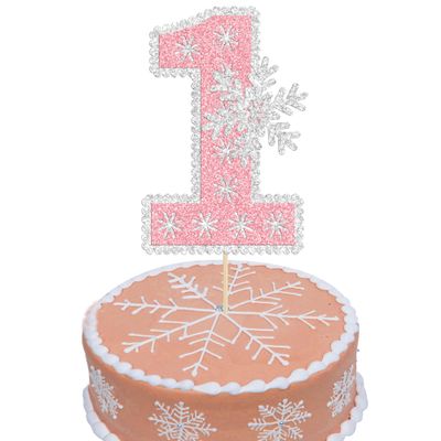 1Pc Glitter Snowflake Number 1 Cake Topper Decorations for Winter Baby Shower Kids First Birthday Party Supplies Pink