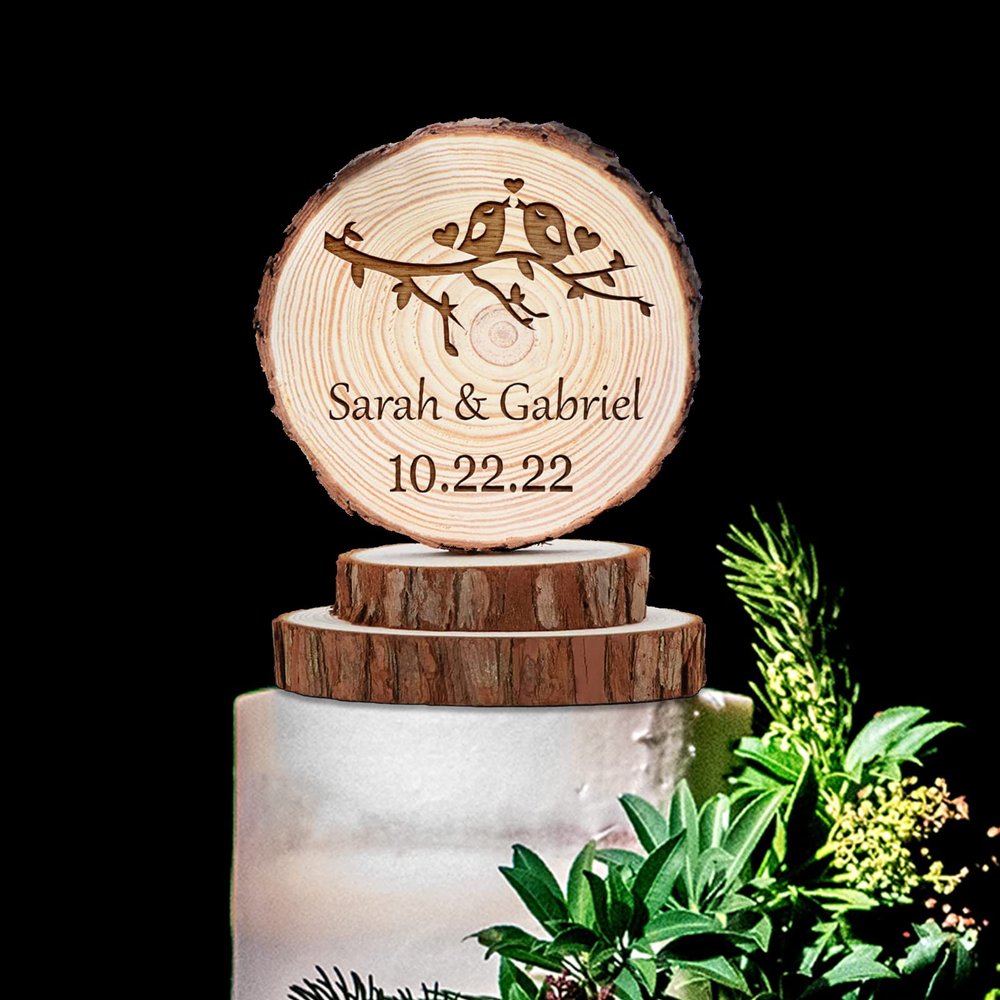 Personalized Rustic Wedding Cake Toppers,Wood Slice Love Birds Mr and Mrs Cake Topper,Customize Your Own Anniversary Cake Topper