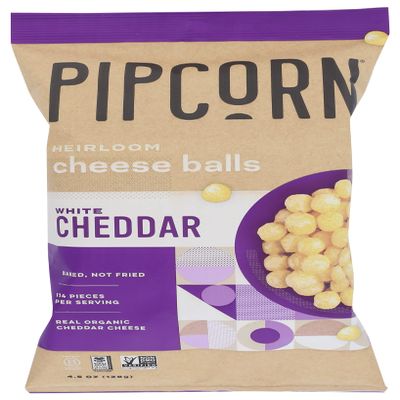 Pipcorn Heirloom White Cheddar Cheese Balls, Organic Cheese, Gluten Free & Non-GMO, 4.5 Ounce (Pack of 12)