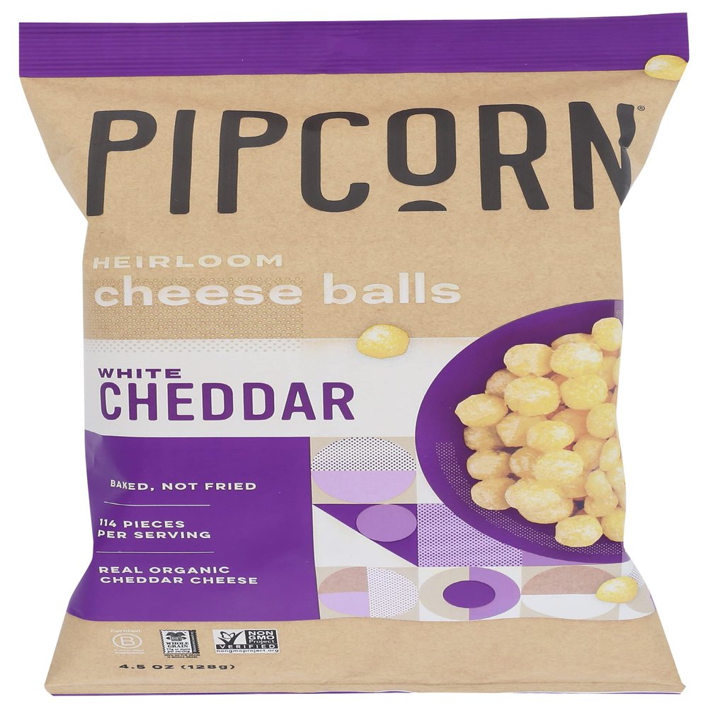 Pipcorn Heirloom White Cheddar Cheese Balls, Organic Cheese, Gluten Free & Non-GMO, 4.5 Ounce (Pack of 12)