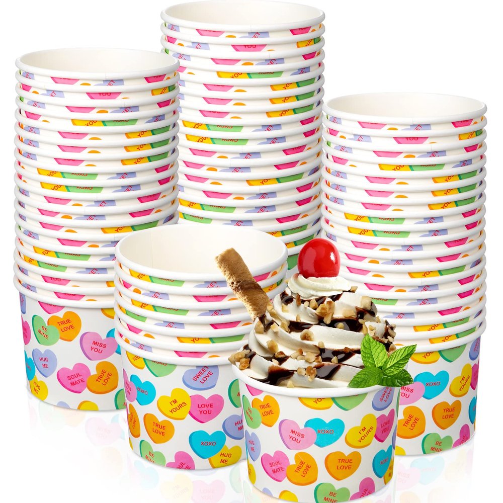 Shellwei 50 Pack 9 oz Valentine's Day Ice Cream Cups Bulk Heart Disposable Dessert Bowls Paper Soup Bowls Valentine's Day Paper Snack Cups for Hot or Cold Food Party Snack Cupcakes Supplies