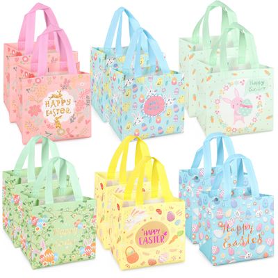Aviski 12PCS Happy Easter Egg Hunt Bags Bunny Carrot Chick Egg Gift Bag with Handles, Easter Treat Bags, Non-Woven Gifts Wrapping, Spring Party Supplies