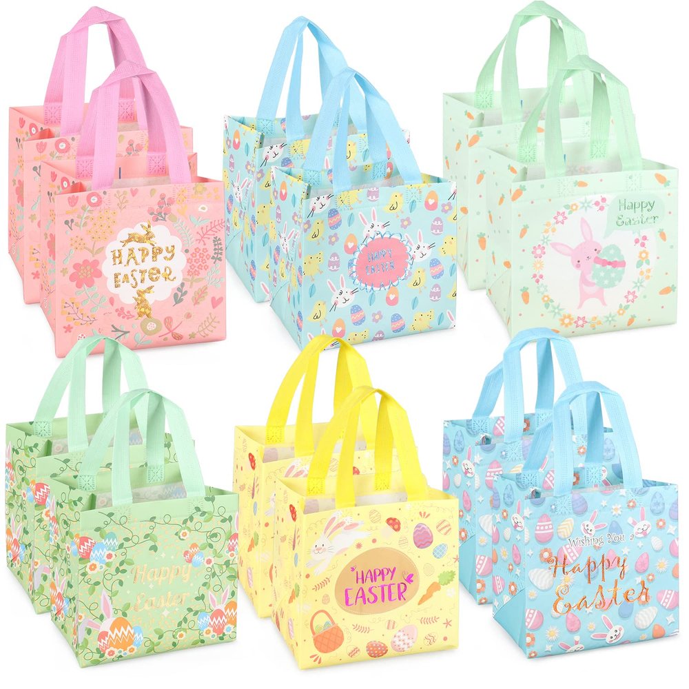 Aviski 12PCS Happy Easter Egg Hunt Bags Bunny Carrot Chick Egg Gift Bag with Handles, Easter Treat Bags, Non-Woven Gifts Wrapping, Spring Party Supplies