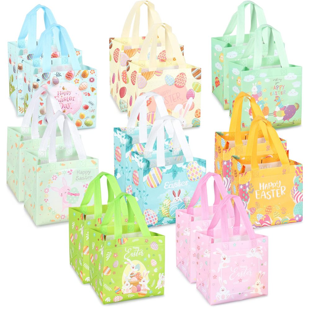 16PCS Happy Easter Egg Hunt Bags Easter Bunny Carrot Chick Egg Gift Bags with Handles, Easter Treat Bags, Easter Party Supplies , 8.37.95.9inch